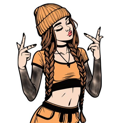 realistic teenage girl with braids and a beanie and crop top doing 🫶🏼