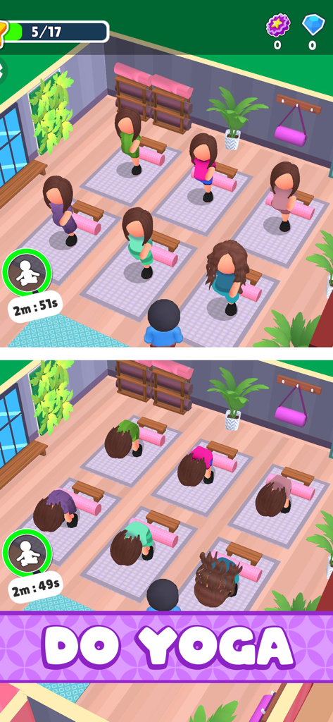 A split-screen screenshot of the Spa Empire game showing characters participating in a yoga class.