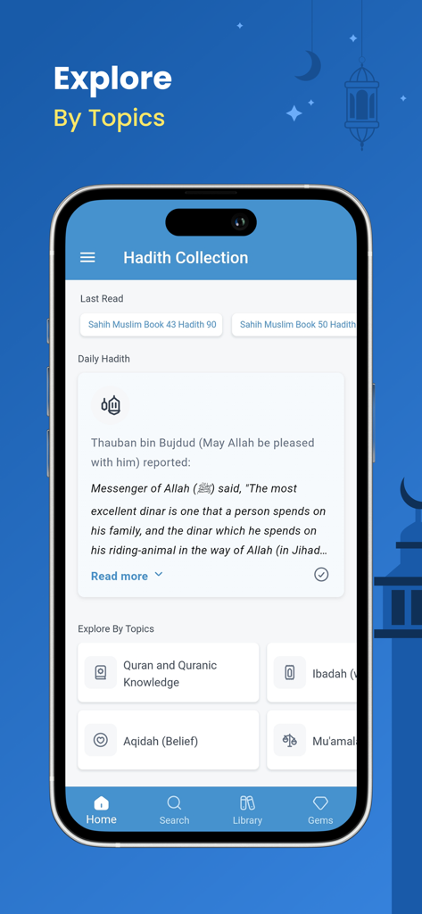 Hadith Collection (All in one) - A mobile interface of the Hadith Collection app showing the daily hadith and categories to explore by topics like Quranic knowledge and Aqidah.