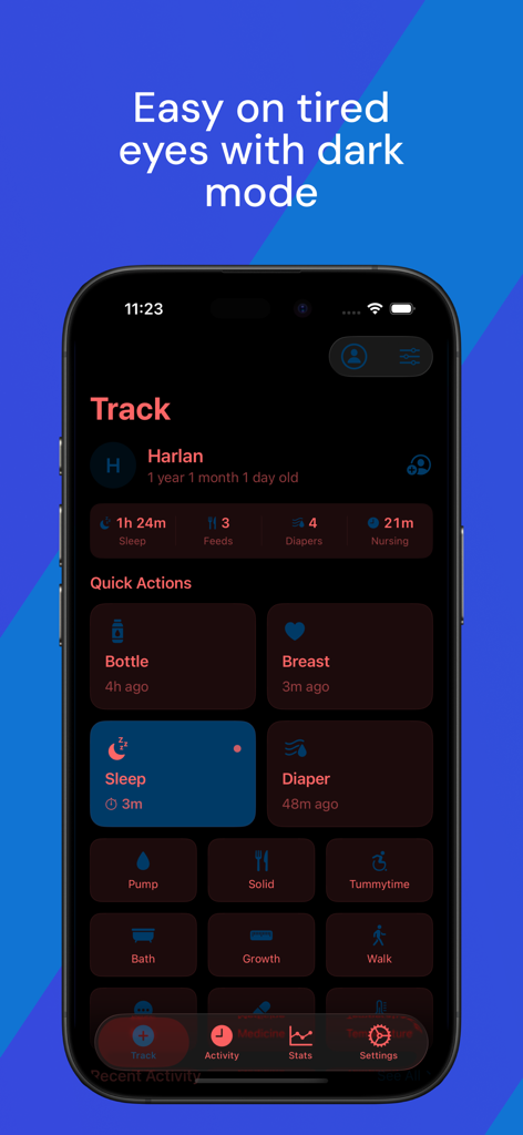 Baby Tracker - Feed & Sleep - Baby Tracker app interface in dark mode showing various tracking categories for feeding sleep and diaper changes