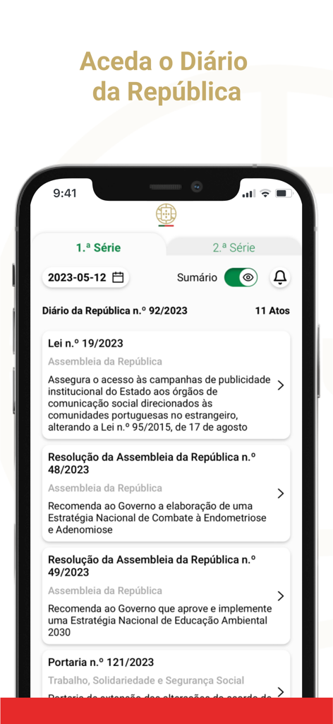 Diário da República - Ecrã de smartphone a exibir a app Diário da República com uma lista de leis portuguesas oficiais e resoluções do governo