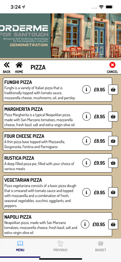 Order-Me - Order-Me app interface displaying a digital pizza menu with descriptions and prices