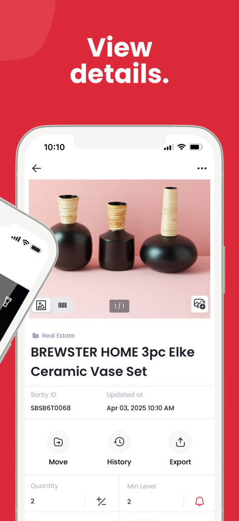 A smartphone screen showing detailed item information and photos in the Sortly inventory app