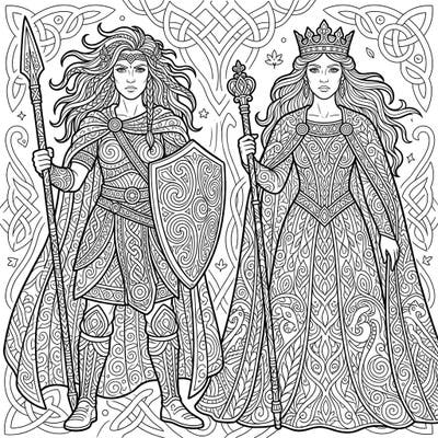 Unleash your creativity with this stunning coloring page featuring two powerful Celtic Queens adorned in intricate Zentangle patterns. Explore the beauty of ancient mythology and meditative art in one captivating design.