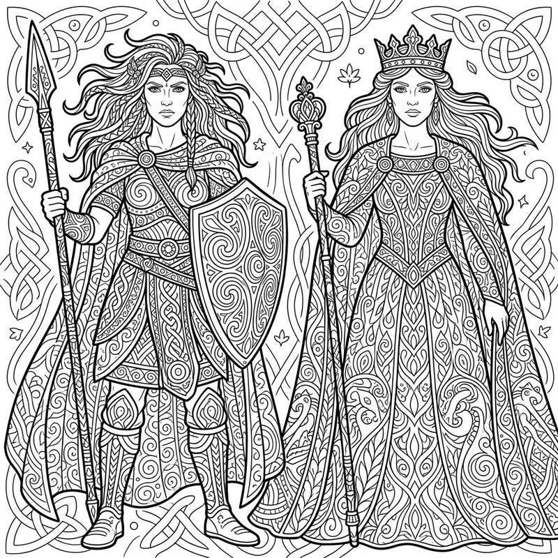 Unleash your creativity with this stunning coloring page featuring two powerful Celtic Queens adorned in intricate Zentangle patterns. Explore the beauty of ancient mythology and meditative art in one captivating design.