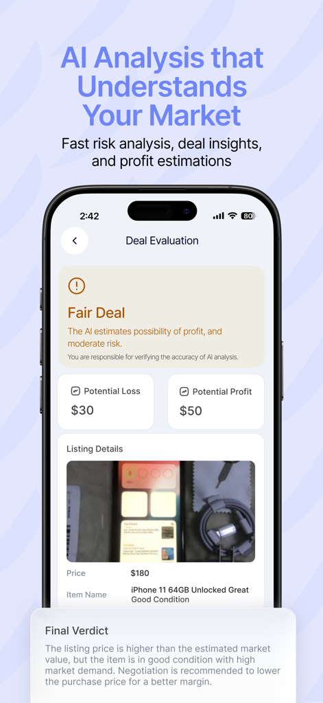 Swoopa mobile app screen displaying AI-driven deal evaluation with profit insights and risk analysis for a marketplace listing
