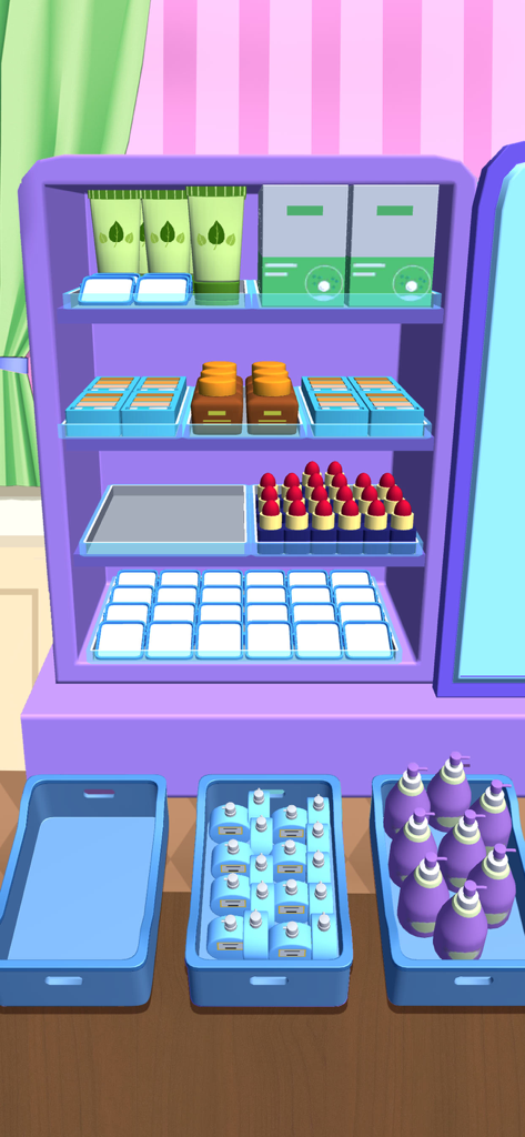 Organizing skincare and cosmetic products onto shelves in the Fill Up Fridge mobile game