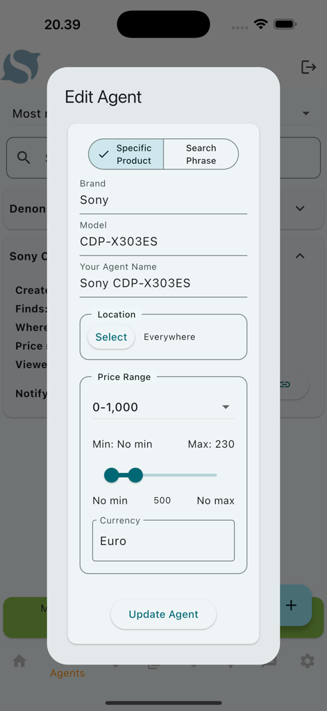 Hifishark Companion - A mobile interface for editing a search agent for a Sony CD player including price and location filters