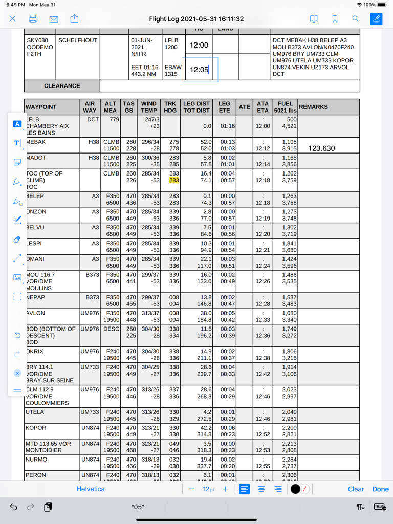 Digital flight log on an iPad showing aviation waypoint data and fuel calculations for professional pilots