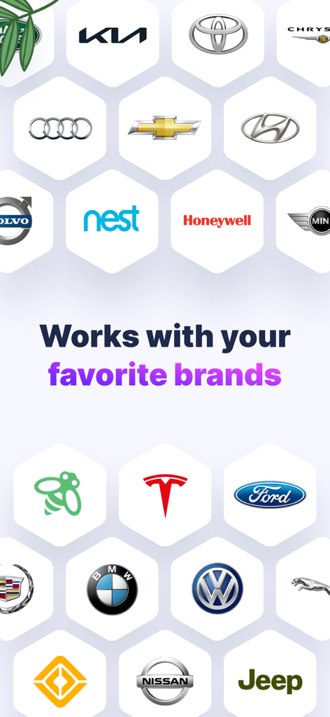 A collection of logos including Tesla Ford Nest and Honeywell showing the app is compatible with major EV and smart home brands