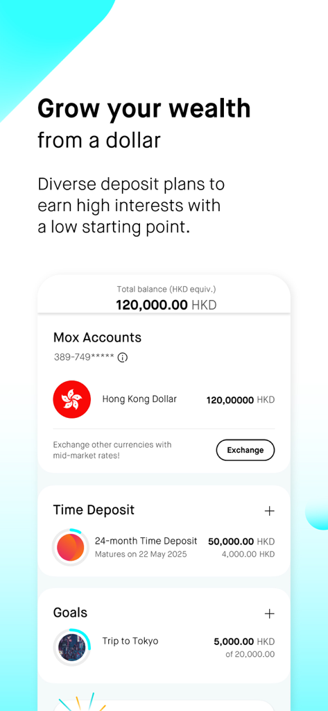 Mox Bank mobile App Benutzeroberfläche, die das Gesamtguthaben, Termineinlagen und Sparziele anzeigt