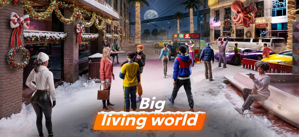 Vibe City — online RP - A busy snowy street scene in Vibe City with characters socializing near sports cars and festive decorations