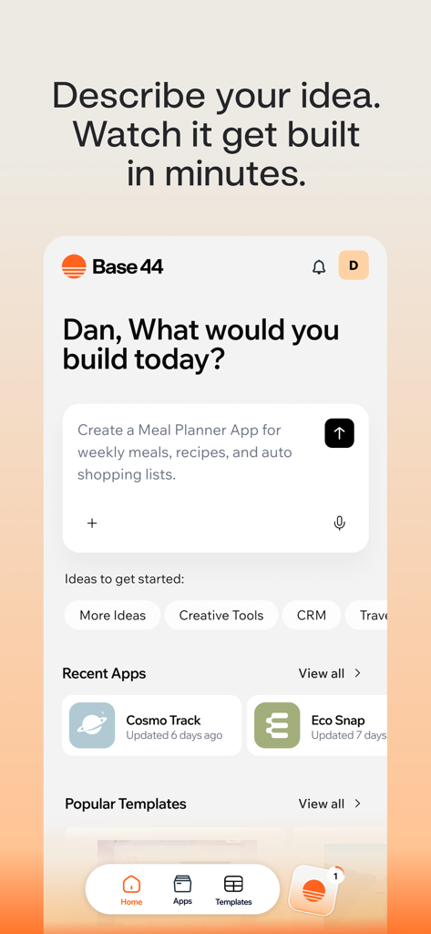 Base44: Build with AI - Base44 mobile app interface showing a text prompt to build a meal planner app using AI