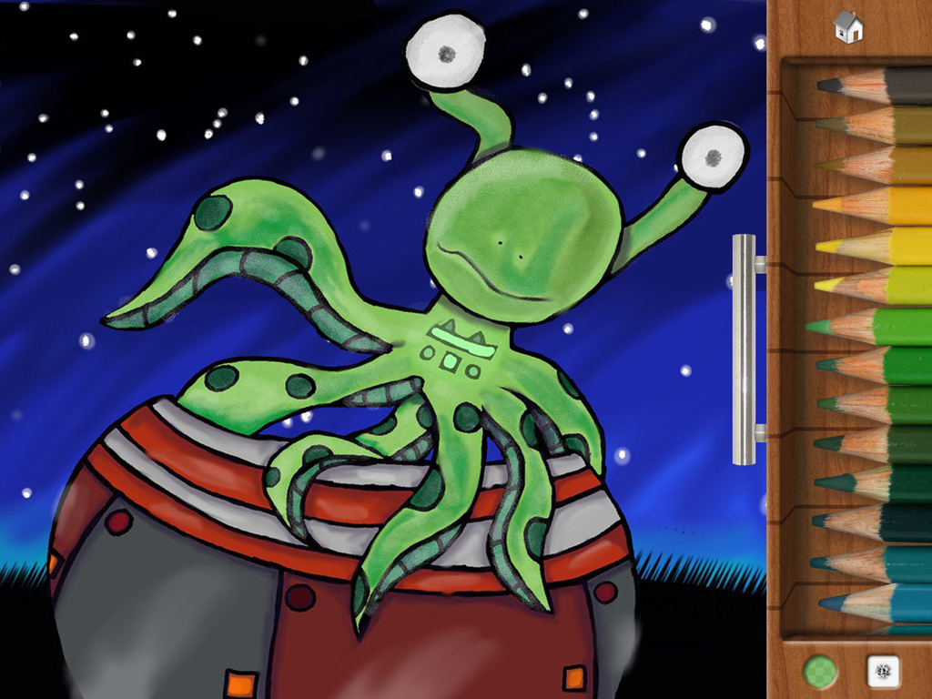 Drawing Pad - A green octopus-like alien character drawn in the Drawing Pad app with a side menu of colored pencils