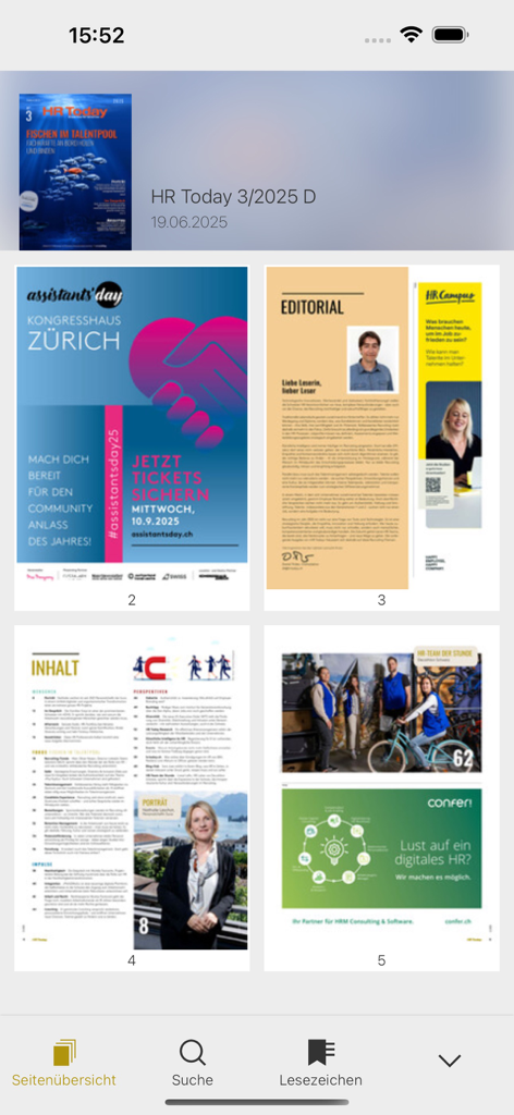 HR Today Magazin - Übersicht über digitale Magazinseiten in der HR Today Magazin App, die Redaktions- und Inhaltsseiten zeigt