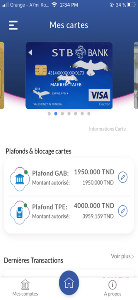 DigiCarte - Interfaccia dell'app DigiCarte che mostra una carta bancaria STB con limiti di spesa per ATM e POS.
