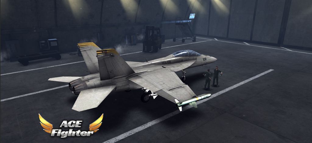 ACE Fighter: Modern Air Combat - A modern fighter jet in a military hangar with ground crew from Ace Fighter game