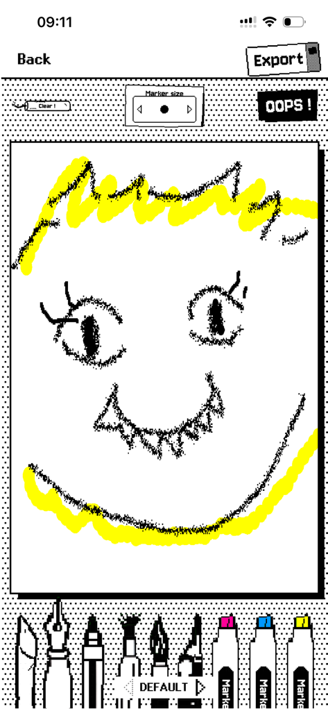 A hand drawn cute face in the WigglyPaint pixel art app interface
