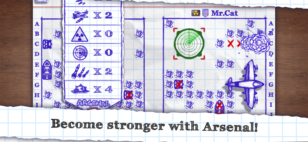 Sea Battle Online - Jogabilidade da Batalha Naval Online mostrando o menu do arsenal e tática naval desenhada à mão em papel quadriculado.