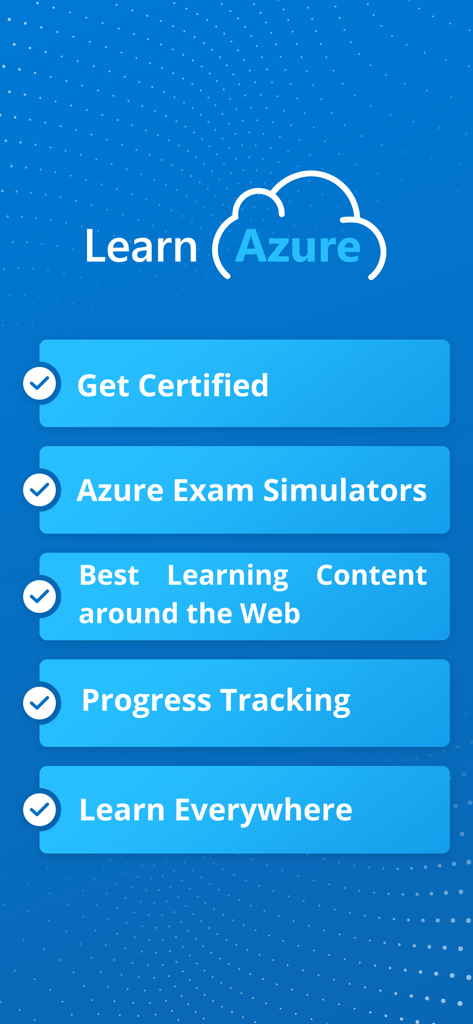 Écran de l'application mobile Learn Azure listant les fonctionnalités clés comme les simulateurs d'examens et le suivi des progrès