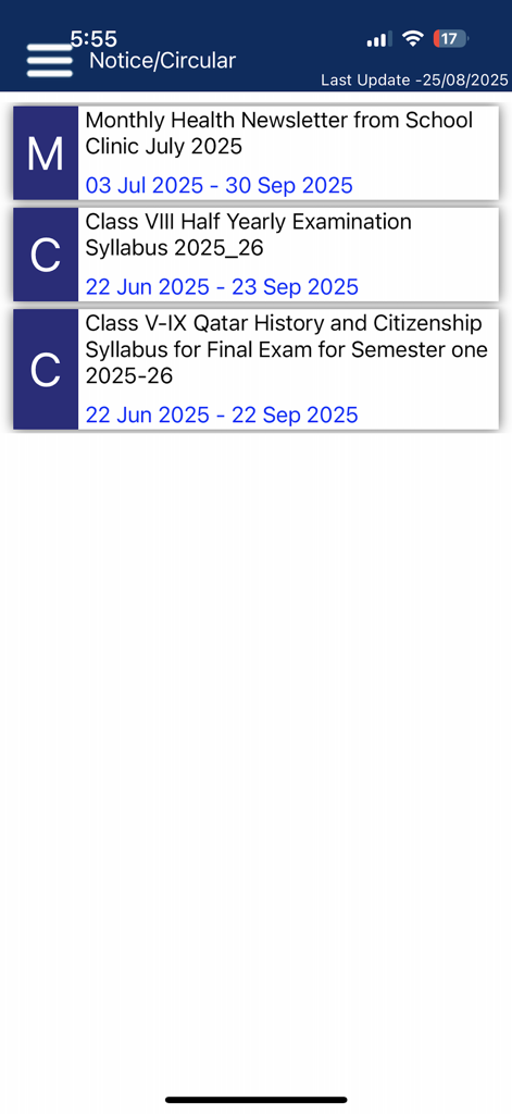 DPS MIS Doha - Screenshot of the Notice and Circular section in the DPS MIS Doha app showing school newsletters and exam syllabi.