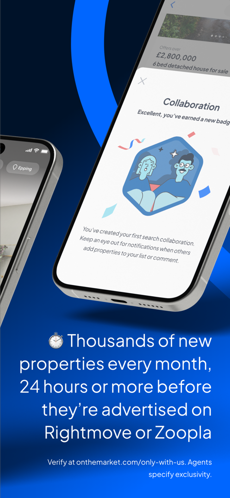 OnTheMarket Property Search - A mobile phone displaying the OnTheMarket app collaboration feature and early property access benefits.