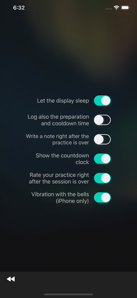 MeditatorMate - Settings interface of MeditatorMate app showing various session customization toggles