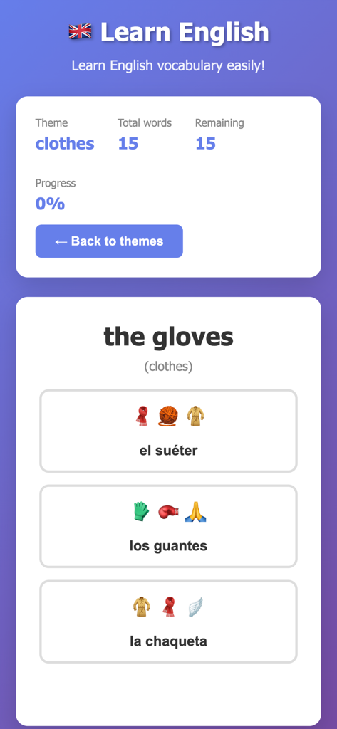 English Easy –Learn Vocabulary - English vocabulary learning app interface showing a word matching game for clothes with Spanish translations and emojis