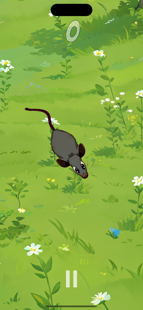 Un topo digitale che sfreccia attraverso un prato verde con fiori nell'app Cat Game