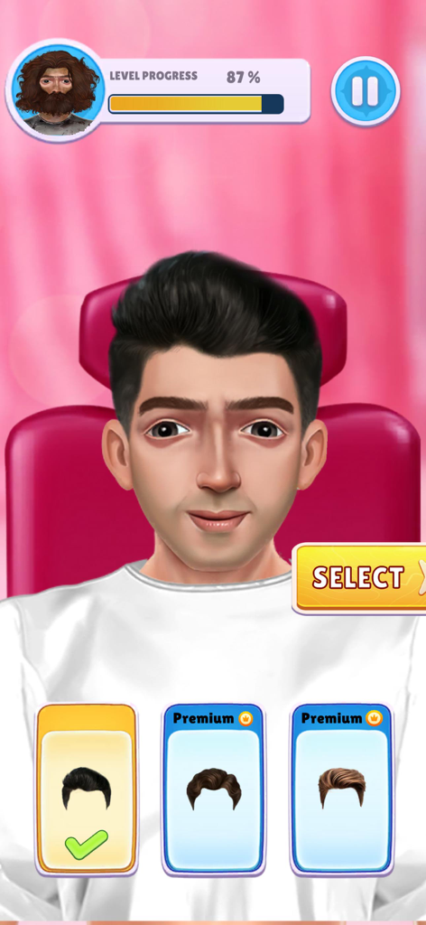 Hairstyle selection screen for a male character in the Makeover ASMR Beauty Salon mobile game