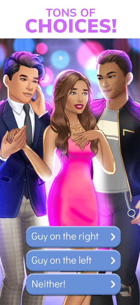 Episode - Choose Your Story - Uno schermo dall'app Episode che mostra un personaggio femminile che sceglie tra due interessi amorosi maschili.