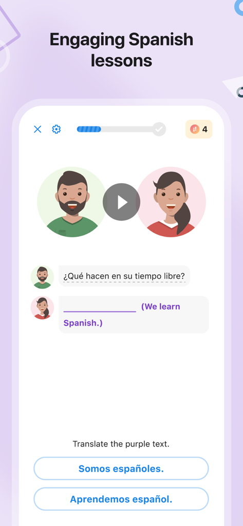 SpanishDictionary.com Learning - Engaging Spanish lesson interface with an interactive translation exercise between two characters