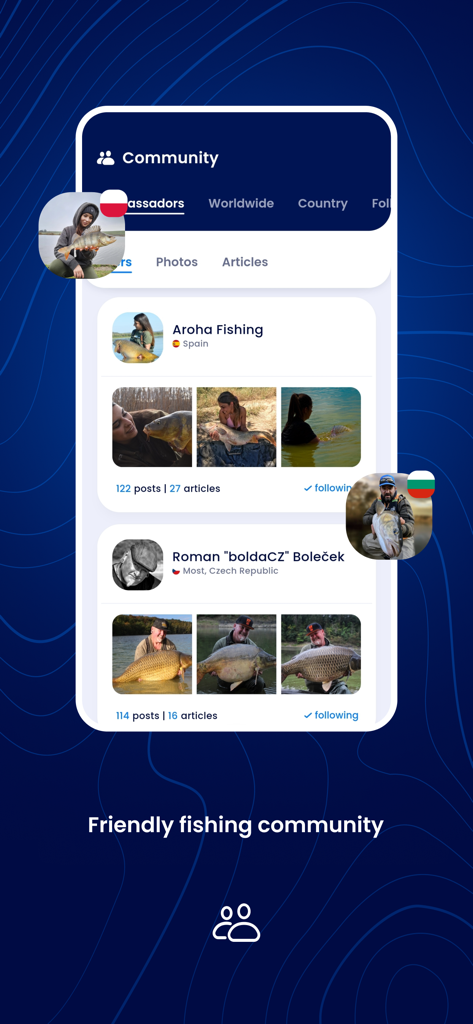 FISHSURFING - A screenshot of the FISHSURFING app showing the community feed with angler profiles from Spain and Czech Republic sharing their latest fish catches.