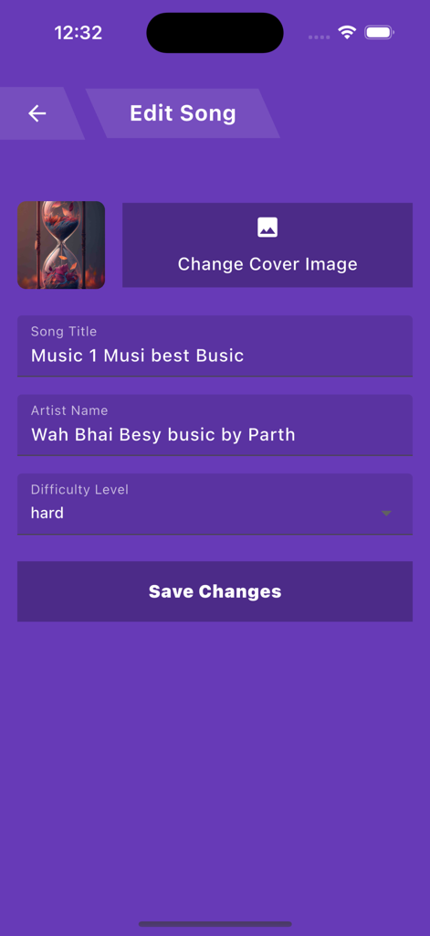 Piano Magic Tiles : Music Game - The edit song interface in the Piano Magic Tiles app showing fields for song title, artist name, and difficulty level.