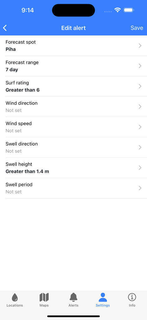 SwellMap Surf - The edit alert screen of the SwellMap Surf app showing customizable surf forecast settings for the Piha spot including surf rating and swell height