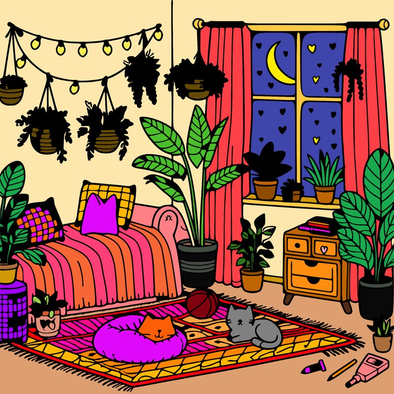 cozy room with plants and cats