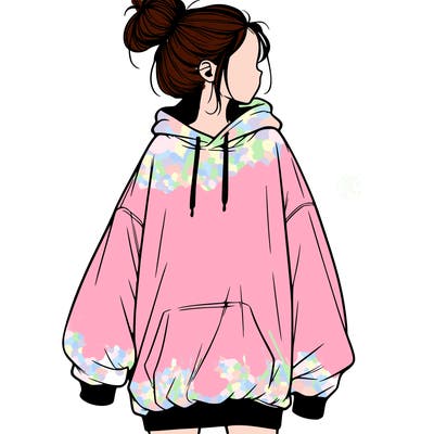 realistic girl with a oversized sweatshirt on and a bun