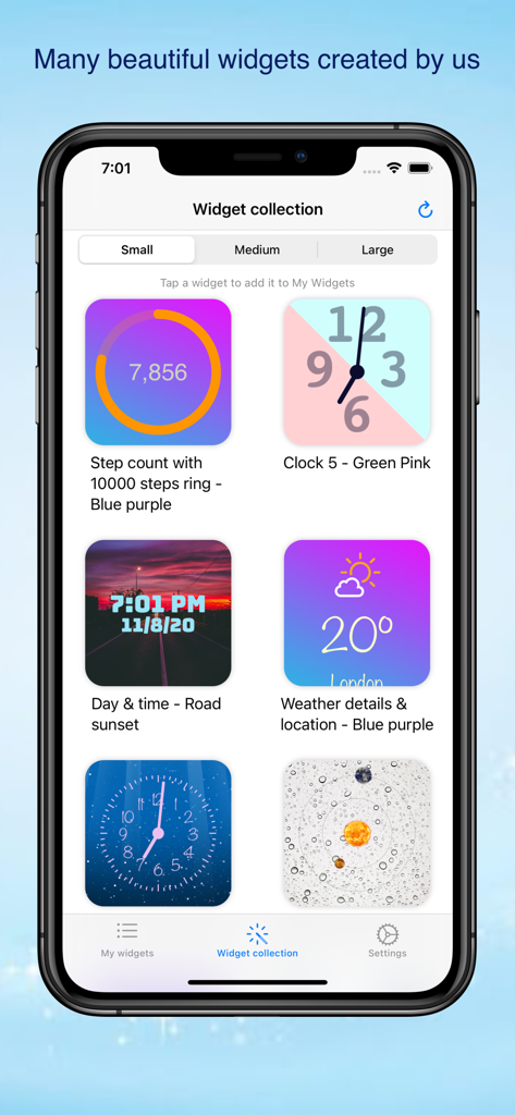 Widget Toolbox: 1000+ widgets - Interfaz de la aplicación Widget Toolbox de iOS que muestra una variedad de pequeños widgets estéticos que incluyen el recuento de pasos y el clima