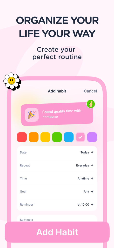 Dear Me: Daily Routine Tracker - Interface de l'application Dear Me montrant l'écran Ajouter une habitude avec des options de couleur, de fréquence et de rappels.