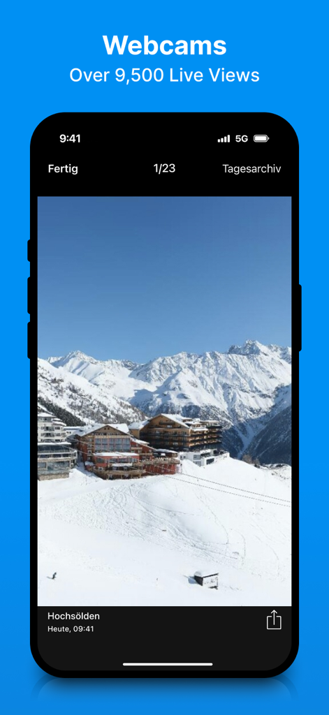 Uma visualização de webcam ao vivo de montanhas nevadas e uma estação de esqui no aplicativo meteorológico bergfex.