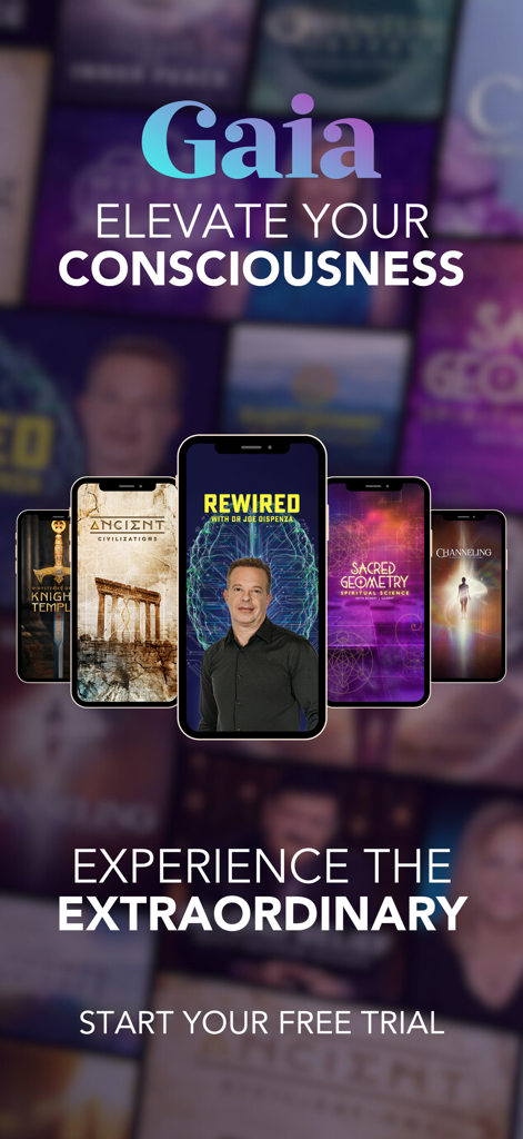 Gaia app promotional screen featuring spiritual and metaphysical documentaries on multiple smartphone screens