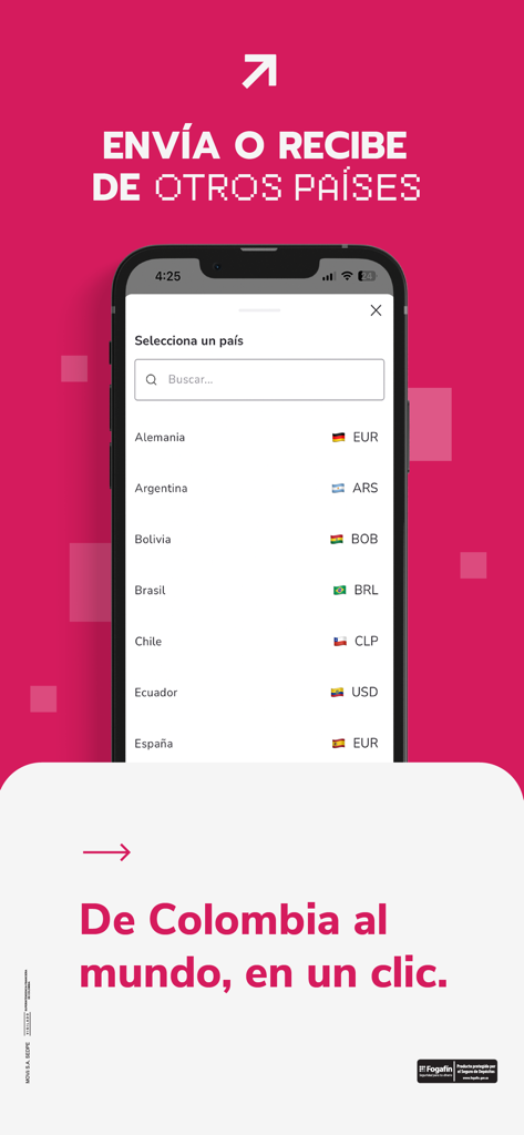 MOVii - Pantalla de la aplicación móvil MOVii que muestra opciones de transferencia de dinero internacional desde Colombia a varios países