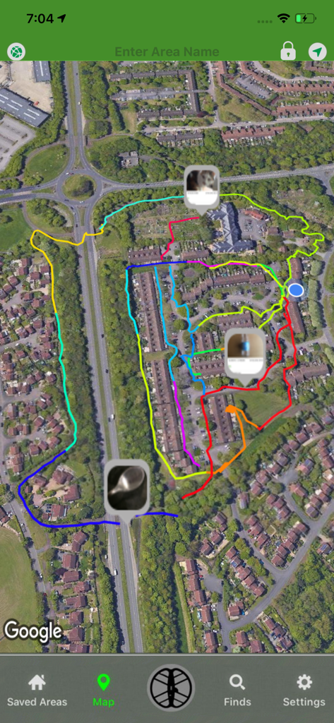 Tect O Trak - Tect O Trak app satellite map view with colorful GPS tracks and findspot photo markers