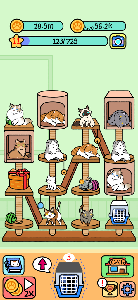 Cat Condo - Ein Screenshot des Handyspiels Cat Condo, der mehrere süße Cartoon-Katzen auf einem hölzernen, mehrstöckigen Turm zeigt.