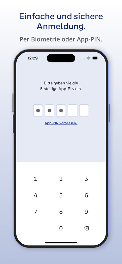 Meine SI Mobile - Secure login screen of the Meine SI Mobile app featuring a numeric keypad for PIN entry