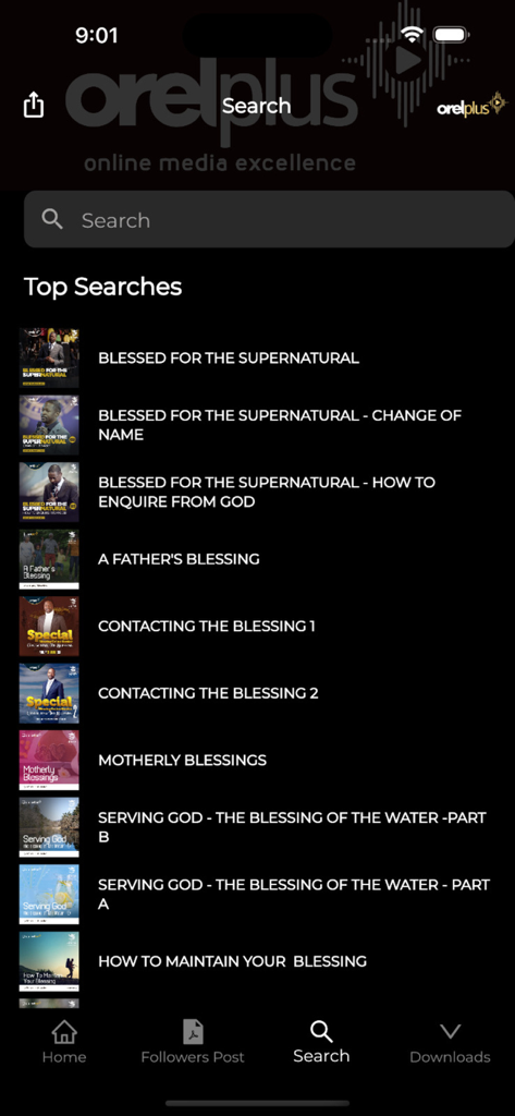 Orel Plus - Orel Plus Suchbildschirm mit den angesagtesten spirituellen und inspirierenden Inhaltstiteln.
