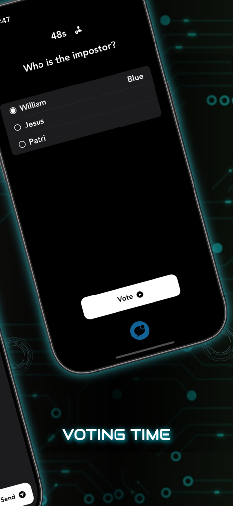 Mobile game interface showing the voting phase to identify the imposter.