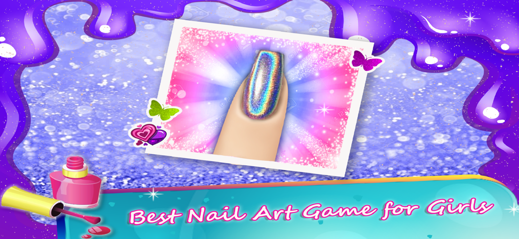 Fashion Nail Art Salon Games - A shiny holographic nail design and nail polish bottle in a creative salon game for girls.