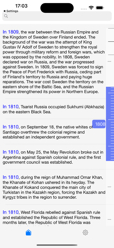 EpicMoments - Una lista cronológica de eventos históricos de 1809 y 1810 que se muestra en la aplicación EpicMoments