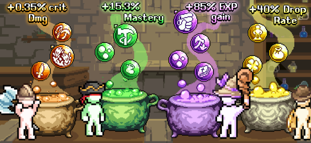 Charaktere brauen verschiedene Statuserhöhungen in vier farbigen Alchemiekesseln in IdleOn RPG